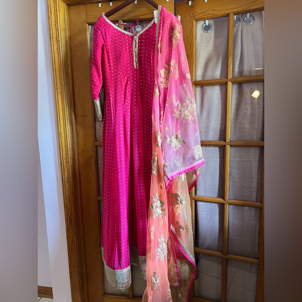 Pink gown with Floral double shade orange pink dupatta with gold leaves